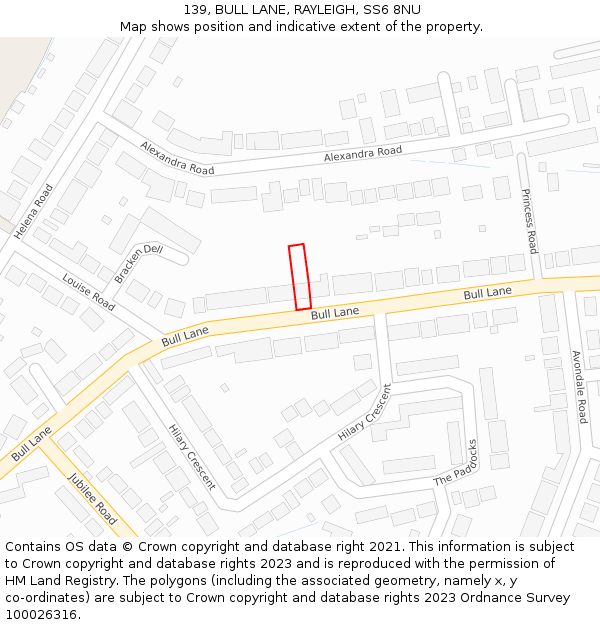 139, BULL LANE, RAYLEIGH, SS6 8NU: Location map and indicative extent of plot