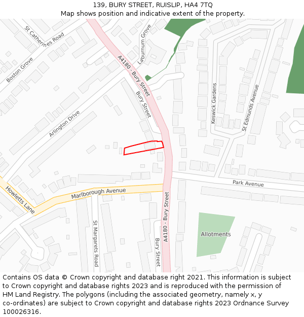 139, BURY STREET, RUISLIP, HA4 7TQ: Location map and indicative extent of plot