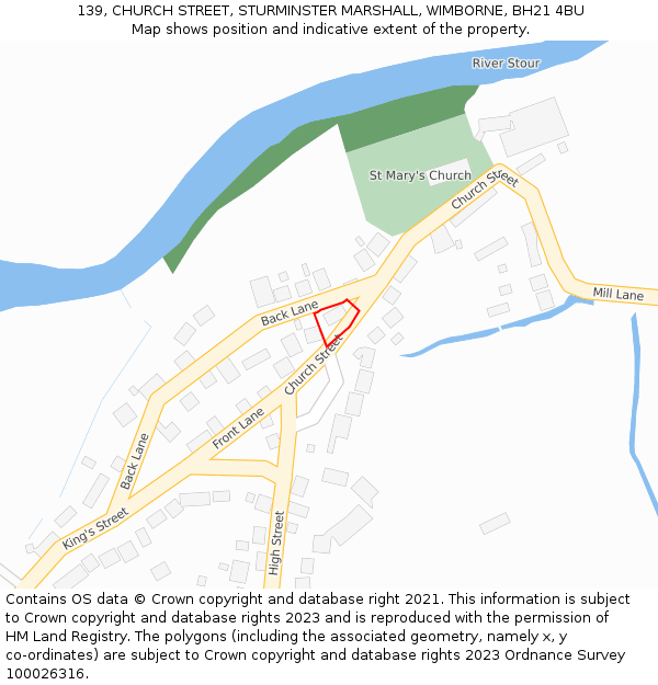 139, CHURCH STREET, STURMINSTER MARSHALL, WIMBORNE, BH21 4BU: Location map and indicative extent of plot