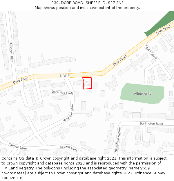 139, DORE ROAD, SHEFFIELD, S17 3NF: Location map and indicative extent of plot