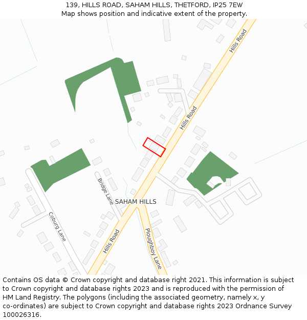 139, HILLS ROAD, SAHAM HILLS, THETFORD, IP25 7EW: Location map and indicative extent of plot