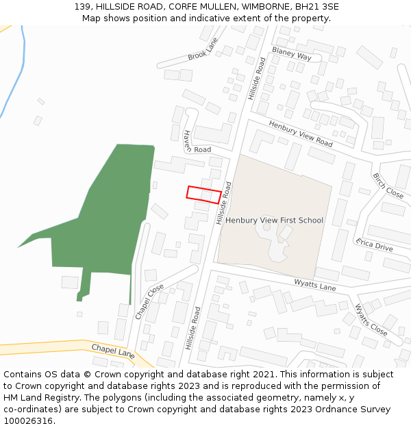 139, HILLSIDE ROAD, CORFE MULLEN, WIMBORNE, BH21 3SE: Location map and indicative extent of plot
