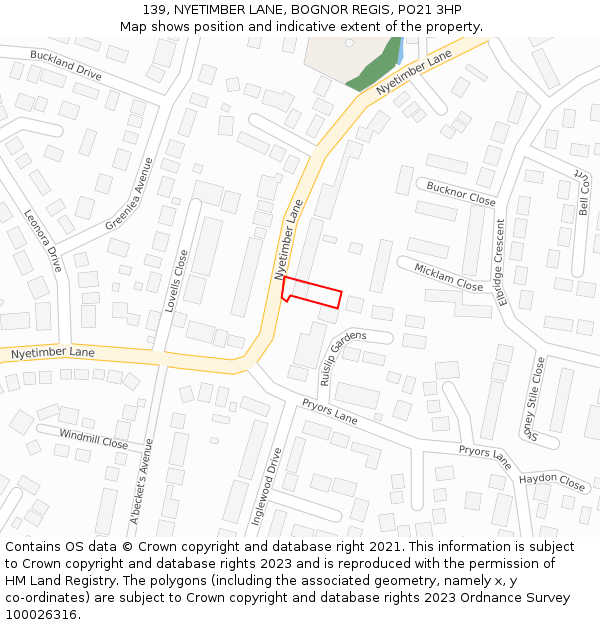 139, NYETIMBER LANE, BOGNOR REGIS, PO21 3HP: Location map and indicative extent of plot