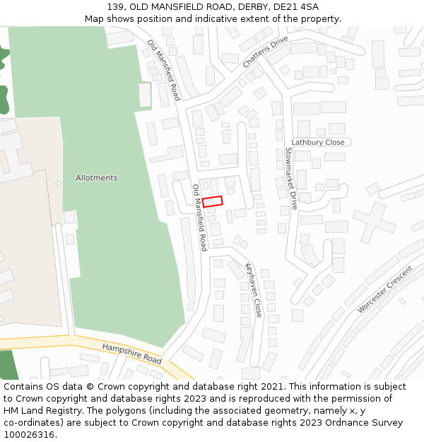 139, OLD MANSFIELD ROAD, DERBY, DE21 4SA: Location map and indicative extent of plot