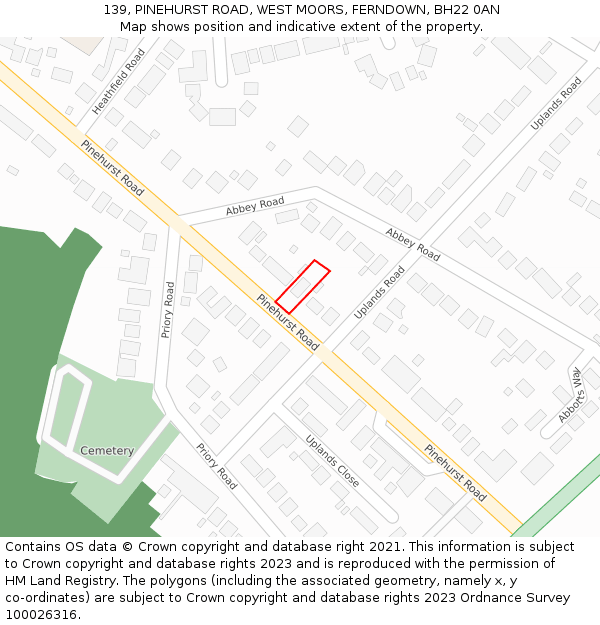 139, PINEHURST ROAD, WEST MOORS, FERNDOWN, BH22 0AN: Location map and indicative extent of plot