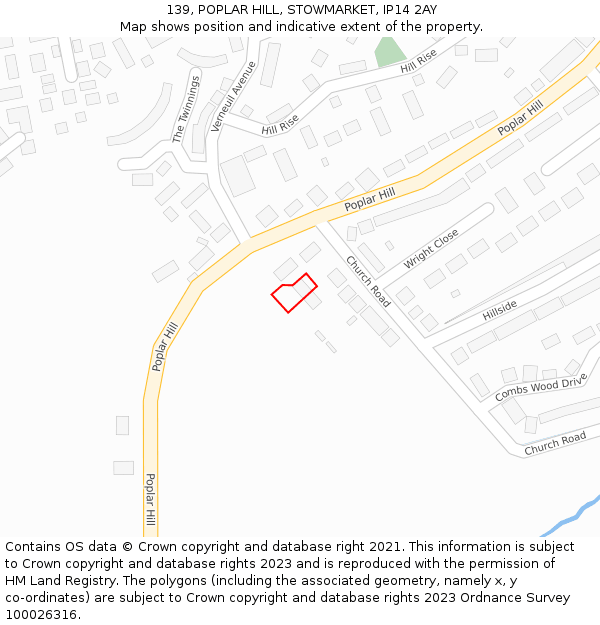 139, POPLAR HILL, STOWMARKET, IP14 2AY: Location map and indicative extent of plot