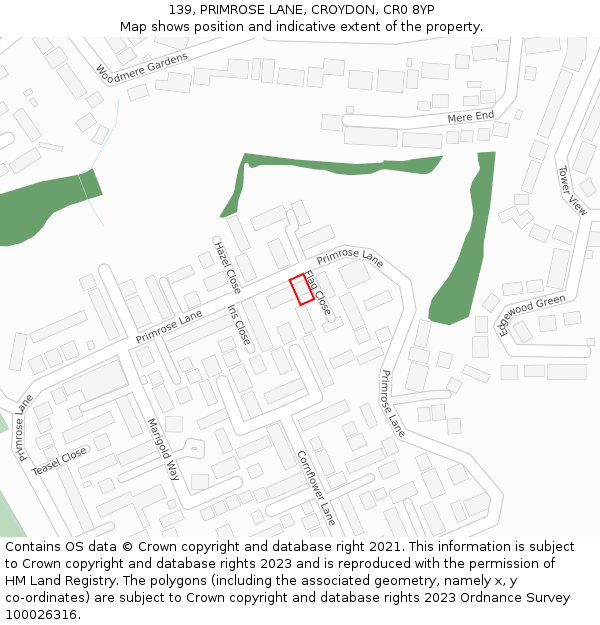 139, PRIMROSE LANE, CROYDON, CR0 8YP: Location map and indicative extent of plot