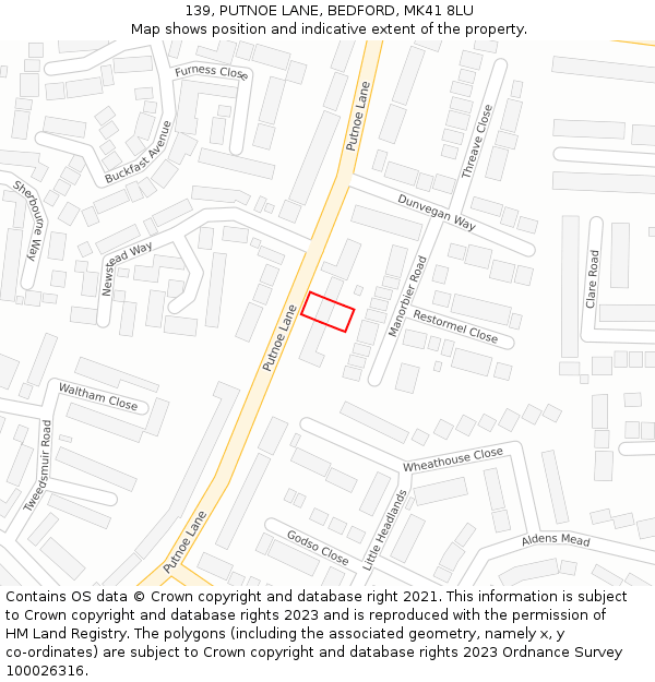 139, PUTNOE LANE, BEDFORD, MK41 8LU: Location map and indicative extent of plot