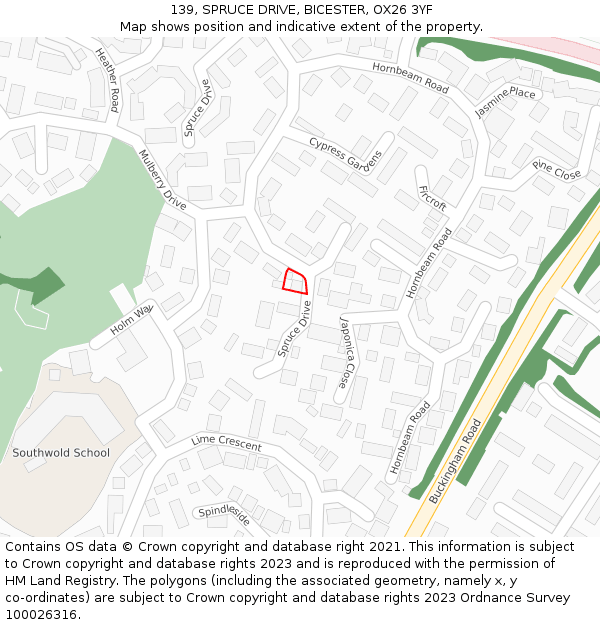 139, SPRUCE DRIVE, BICESTER, OX26 3YF: Location map and indicative extent of plot