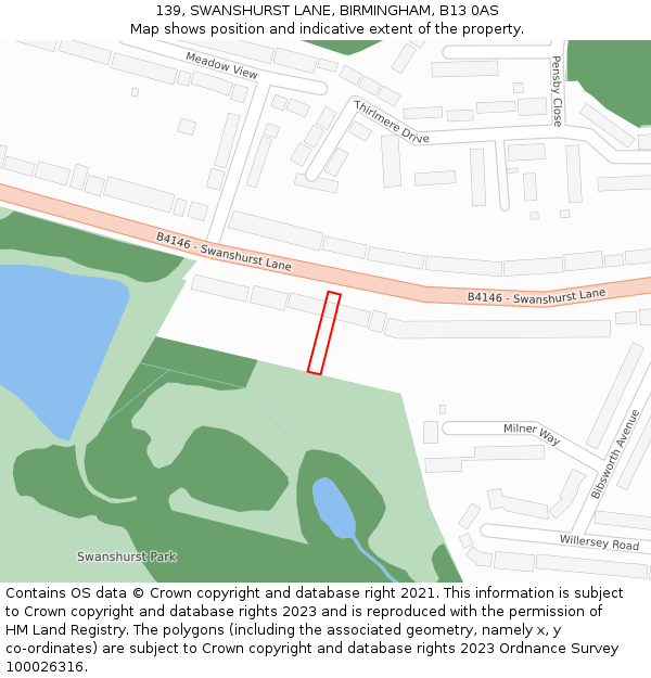 139, SWANSHURST LANE, BIRMINGHAM, B13 0AS: Location map and indicative extent of plot