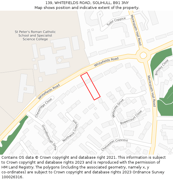 139, WHITEFIELDS ROAD, SOLIHULL, B91 3NY: Location map and indicative extent of plot