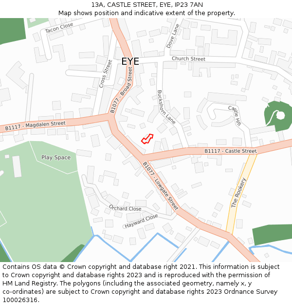 13A, CASTLE STREET, EYE, IP23 7AN: Location map and indicative extent of plot