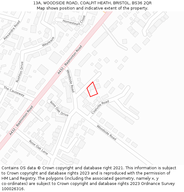 13A, WOODSIDE ROAD, COALPIT HEATH, BRISTOL, BS36 2QR: Location map and indicative extent of plot