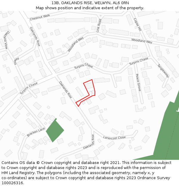 13B, OAKLANDS RISE, WELWYN, AL6 0RN: Location map and indicative extent of plot