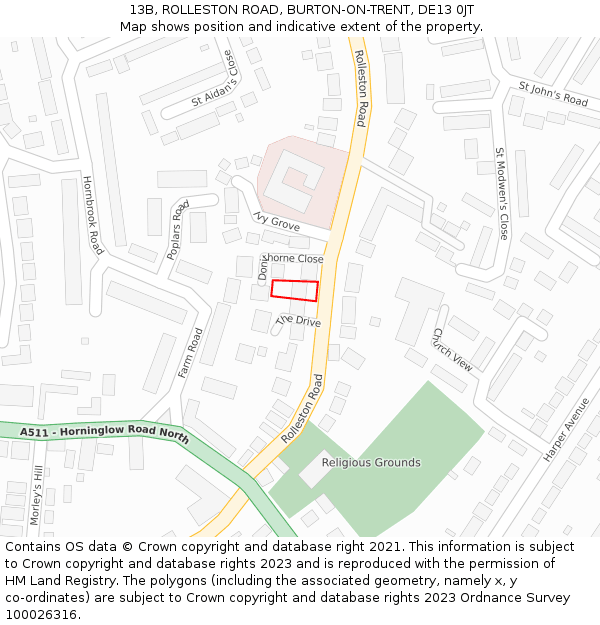 13B, ROLLESTON ROAD, BURTON-ON-TRENT, DE13 0JT: Location map and indicative extent of plot