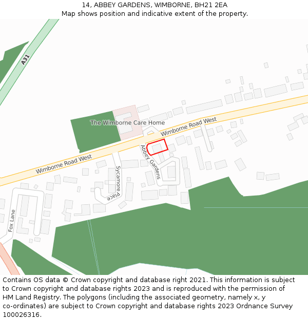 14, ABBEY GARDENS, WIMBORNE, BH21 2EA: Location map and indicative extent of plot