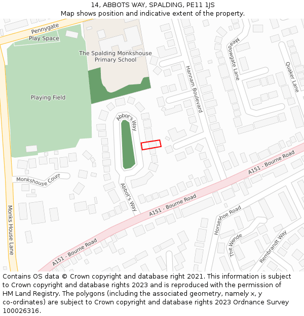 14, ABBOTS WAY, SPALDING, PE11 1JS: Location map and indicative extent of plot