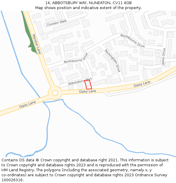 14, ABBOTSBURY WAY, NUNEATON, CV11 4GB: Location map and indicative extent of plot