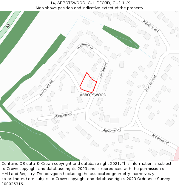 14, ABBOTSWOOD, GUILDFORD, GU1 1UX: Location map and indicative extent of plot