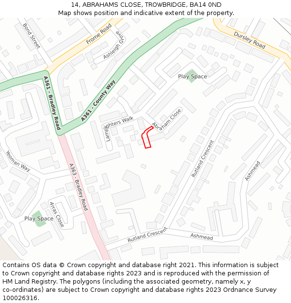 14, ABRAHAMS CLOSE, TROWBRIDGE, BA14 0ND: Location map and indicative extent of plot