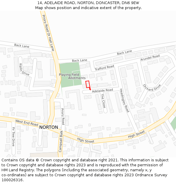 14, ADELAIDE ROAD, NORTON, DONCASTER, DN6 9EW: Location map and indicative extent of plot