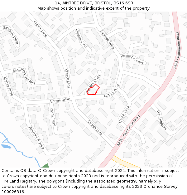 14, AINTREE DRIVE, BRISTOL, BS16 6SR: Location map and indicative extent of plot