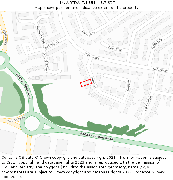 14, AIREDALE, HULL, HU7 6DT: Location map and indicative extent of plot