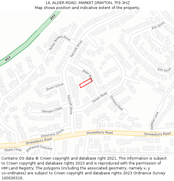 14, ALDER ROAD, MARKET DRAYTON, TF9 3HZ: Location map and indicative extent of plot