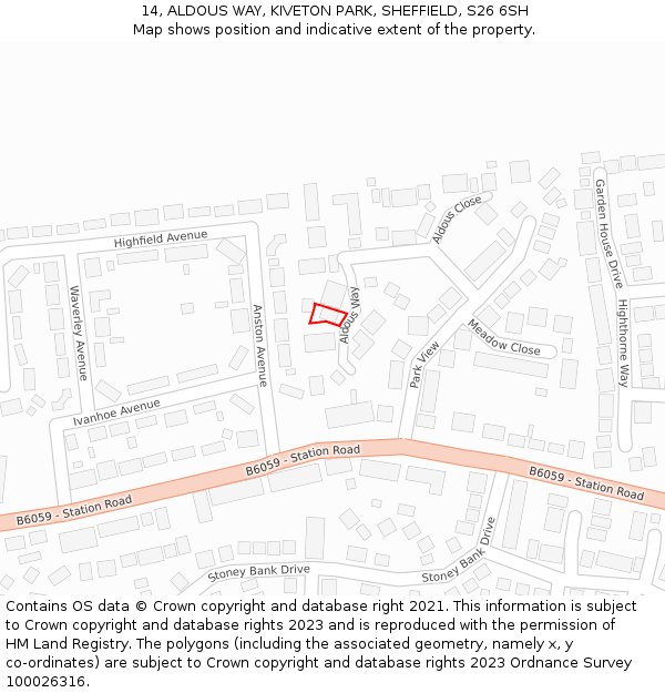 14, ALDOUS WAY, KIVETON PARK, SHEFFIELD, S26 6SH: Location map and indicative extent of plot