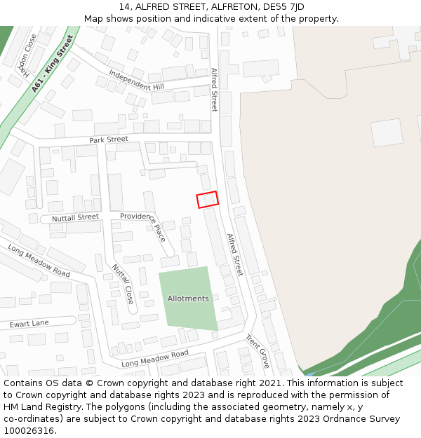 14, ALFRED STREET, ALFRETON, DE55 7JD: Location map and indicative extent of plot