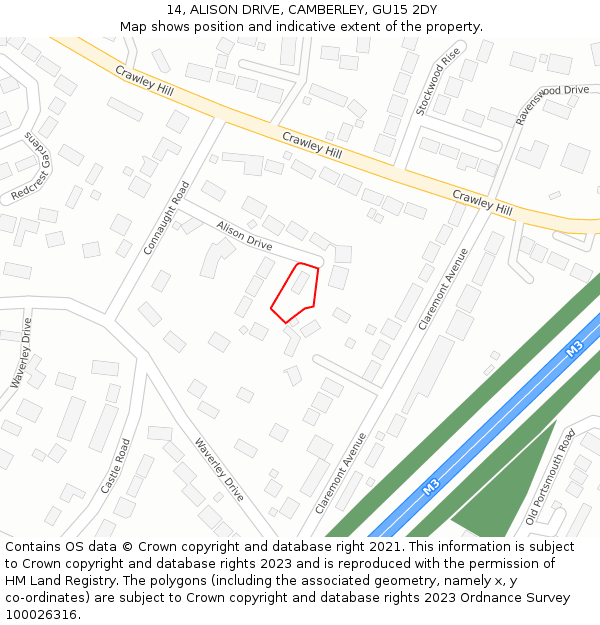 14, ALISON DRIVE, CAMBERLEY, GU15 2DY: Location map and indicative extent of plot