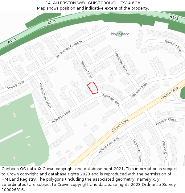 14, ALLERSTON WAY, GUISBOROUGH, TS14 6GA: Location map and indicative extent of plot