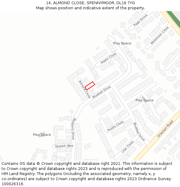 14, ALMOND CLOSE, SPENNYMOOR, DL16 7YG: Location map and indicative extent of plot