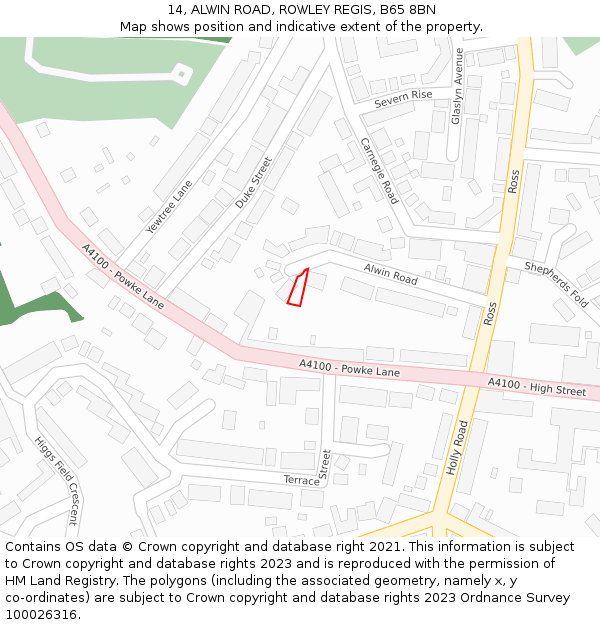 14, ALWIN ROAD, ROWLEY REGIS, B65 8BN: Location map and indicative extent of plot