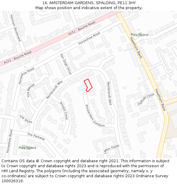 14, AMSTERDAM GARDENS, SPALDING, PE11 3HY: Location map and indicative extent of plot