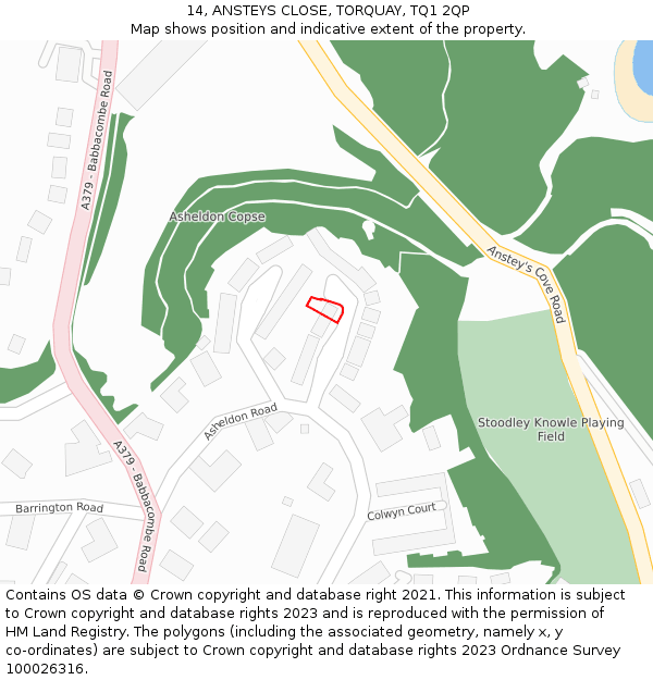 14, ANSTEYS CLOSE, TORQUAY, TQ1 2QP: Location map and indicative extent of plot