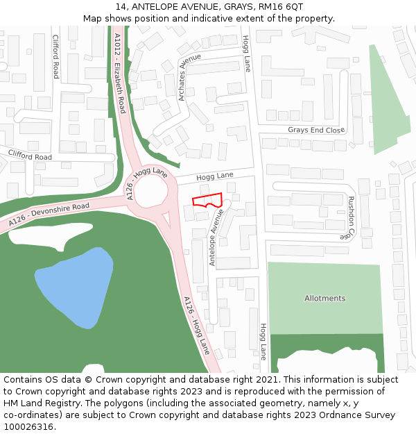 14, ANTELOPE AVENUE, GRAYS, RM16 6QT: Location map and indicative extent of plot