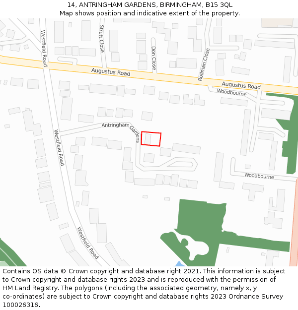 14, ANTRINGHAM GARDENS, BIRMINGHAM, B15 3QL: Location map and indicative extent of plot