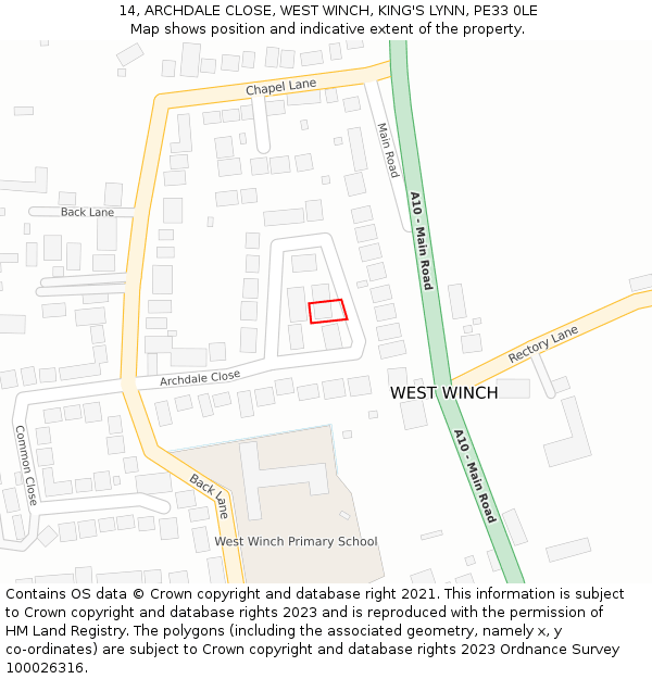 14, ARCHDALE CLOSE, WEST WINCH, KING'S LYNN, PE33 0LE: Location map and indicative extent of plot