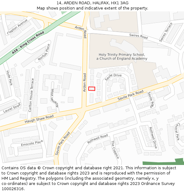 14, ARDEN ROAD, HALIFAX, HX1 3AG: Location map and indicative extent of plot