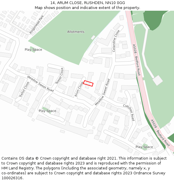 14, ARUM CLOSE, RUSHDEN, NN10 0GG: Location map and indicative extent of plot