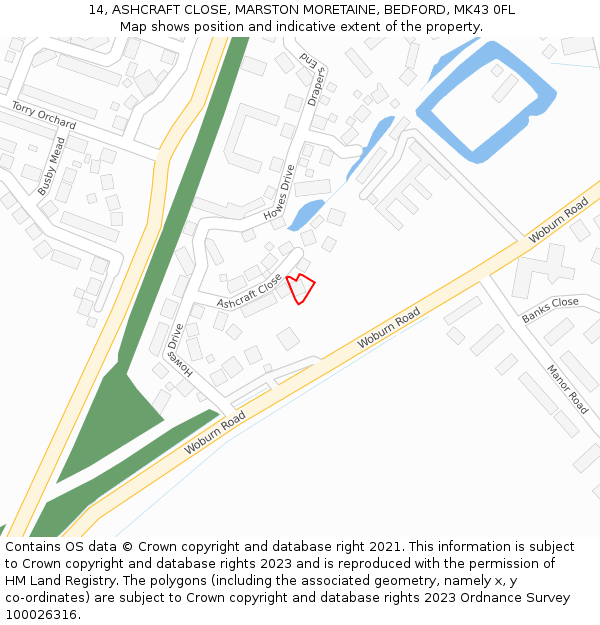 14, ASHCRAFT CLOSE, MARSTON MORETAINE, BEDFORD, MK43 0FL: Location map and indicative extent of plot