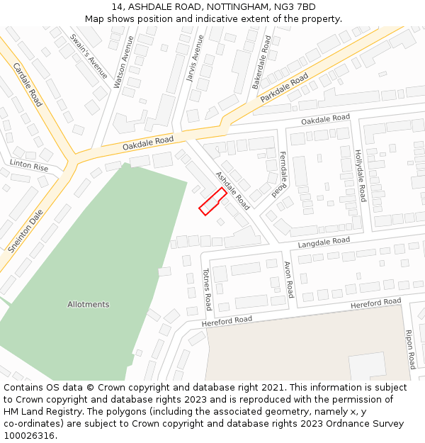 14, ASHDALE ROAD, NOTTINGHAM, NG3 7BD: Location map and indicative extent of plot