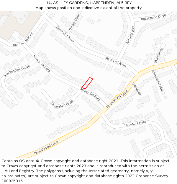 14, ASHLEY GARDENS, HARPENDEN, AL5 3EY: Location map and indicative extent of plot