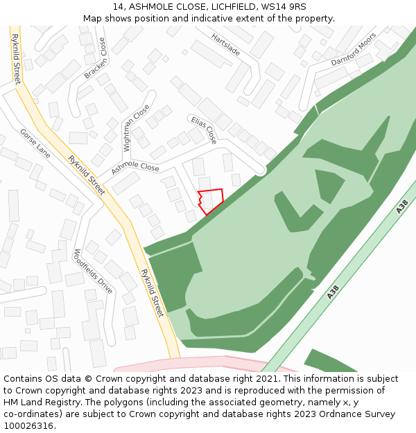 14, ASHMOLE CLOSE, LICHFIELD, WS14 9RS: Location map and indicative extent of plot