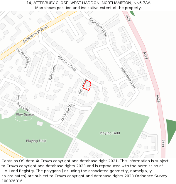 14, ATTERBURY CLOSE, WEST HADDON, NORTHAMPTON, NN6 7AA: Location map and indicative extent of plot