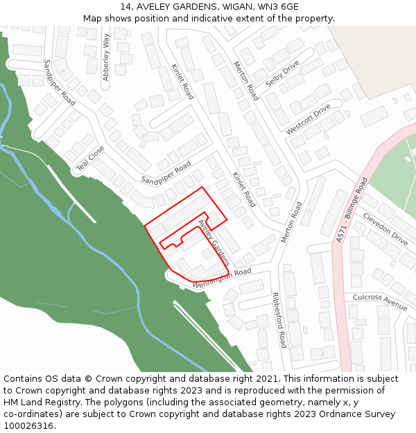 14, AVELEY GARDENS, WIGAN, WN3 6GE: Location map and indicative extent of plot