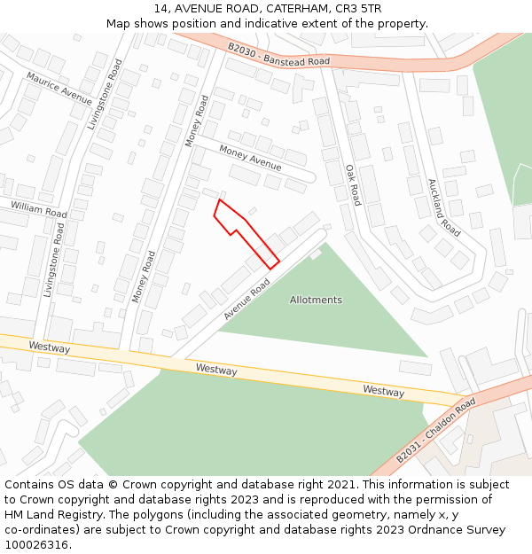 14, AVENUE ROAD, CATERHAM, CR3 5TR: Location map and indicative extent of plot