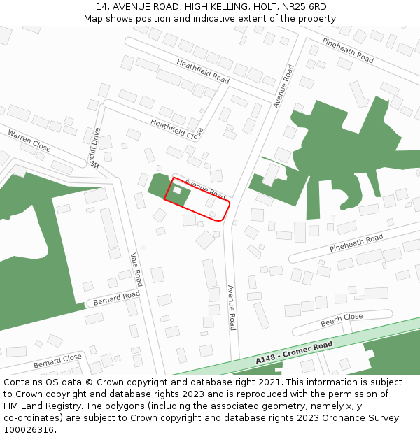 14, AVENUE ROAD, HIGH KELLING, HOLT, NR25 6RD: Location map and indicative extent of plot