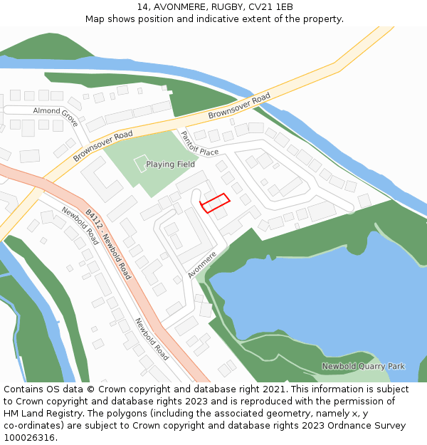 14, AVONMERE, RUGBY, CV21 1EB: Location map and indicative extent of plot